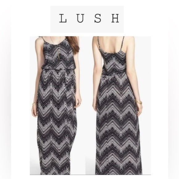 💥Lush Chevron Patterned Black and Tan Maxi Dress L - Picture 1 of 14